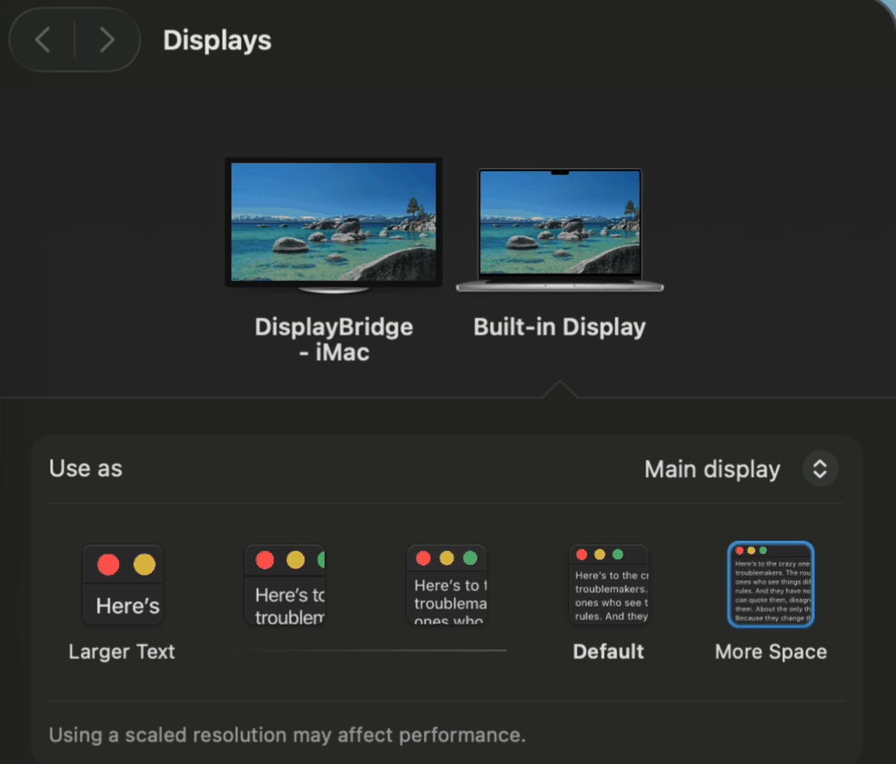 System Settings, Displays: two displays side by side, one labelled DisplayBridge - iMac and one labelled Built-in Display.