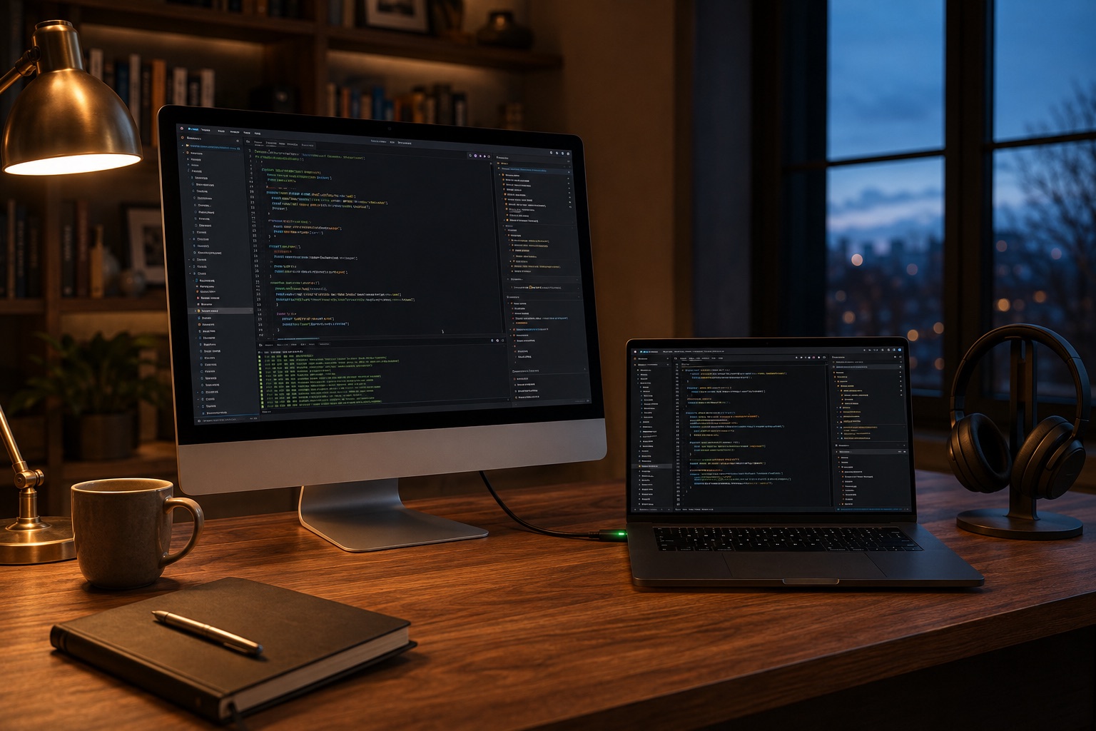 Ein Arbeitszimmer am Abend: ein MacBook Pro und ein iMac voller Code und Terminal, beleuchtet von einer warmen Schreibtischlampe vor einem Bücherregal.