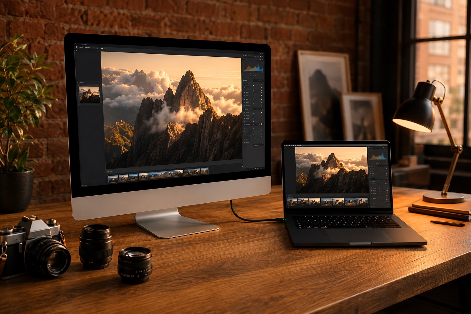 Der Loft-Schreibtisch einer Fotografin: ein MacBook Pro neben einem iMac, auf dem ein Foto retuschiert wird, daneben eine Kamera und gedruckte Fotos.