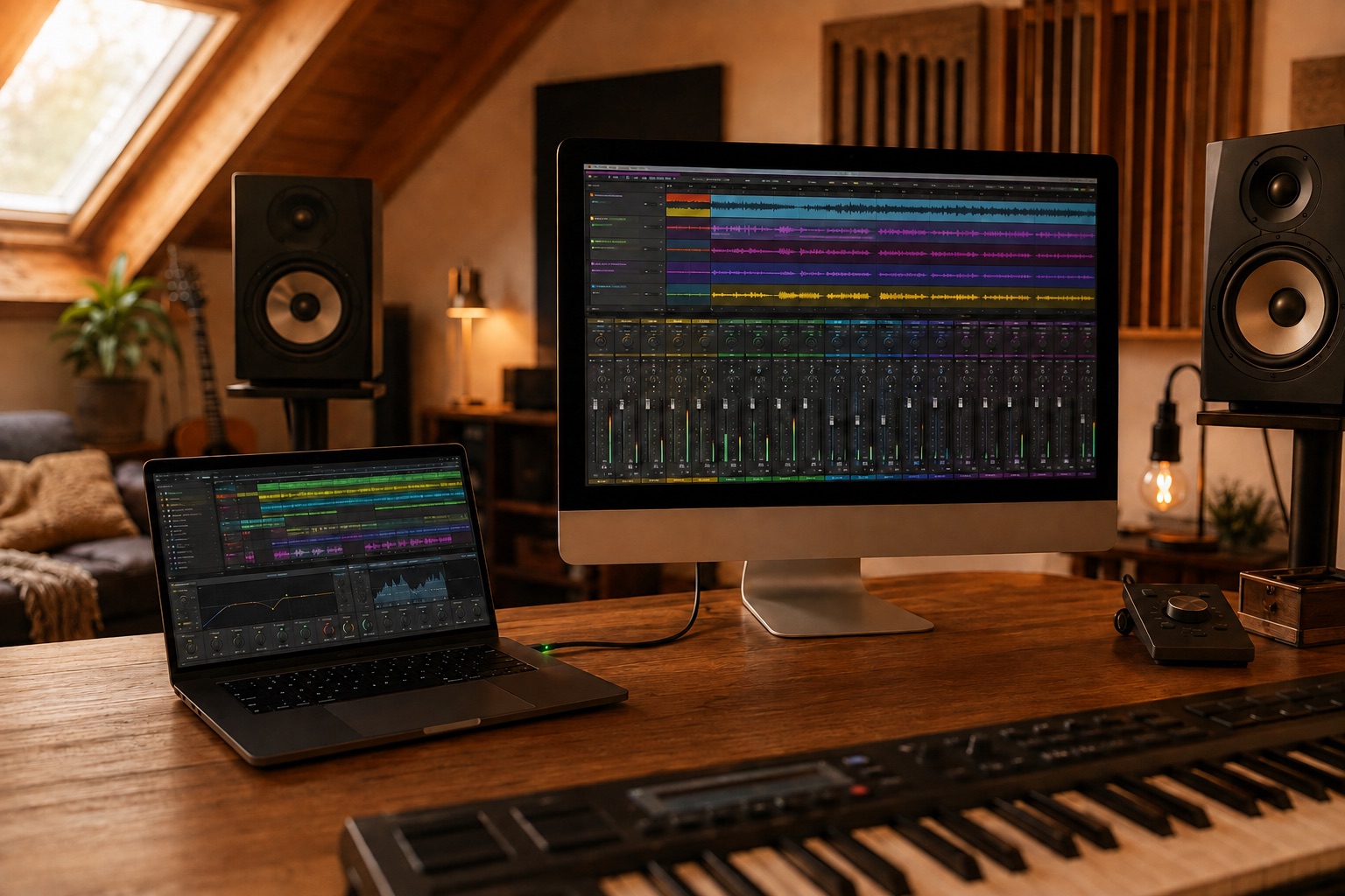 Ein Homestudio: ein MacBook Pro und ein iMac, der als zweiter Bildschirm eine Musikproduktion zeigt, zwischen Studiolautsprechern und einem Keyboard.