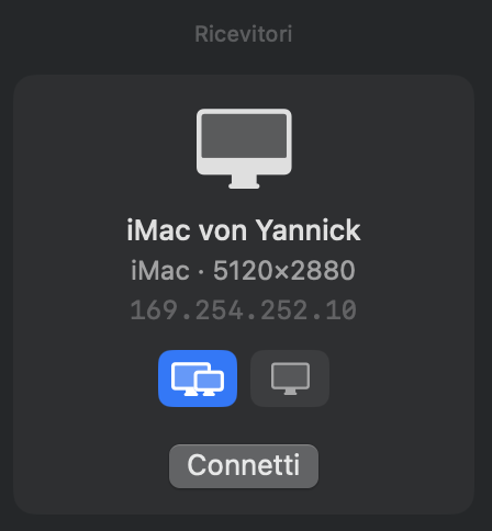 La scheda dell’iMac sotto Ricevitori nella finestra di DisplayBridge: iMac von Yannick, iMac, 5120×2880, il pulsante Estendi (due schermi) selezionato in blu, il pulsante Duplica (uno schermo) accanto e un pulsante Connetti sotto.
