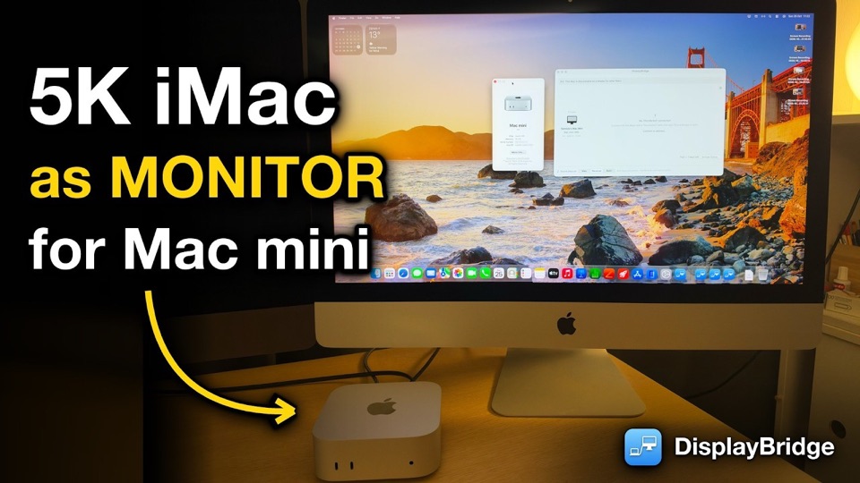 Um iMac funcionando como monitor de um Mac mini na mesa à frente dele