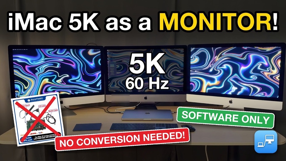 Três iMacs 5K como telas de um MacBook, só com software, sem placa de conversão